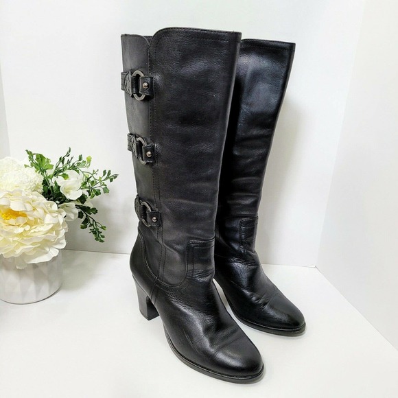 Matisse Shoes - Matisse Boots Black Leather Faux Buckles Knee High